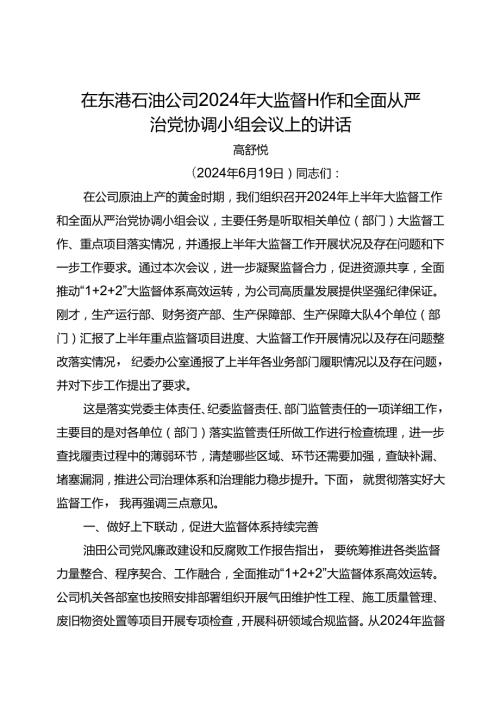 党委书记在东港石油公司2024年大监督工作和全面从严治党协调小组会议上的讲话.docx