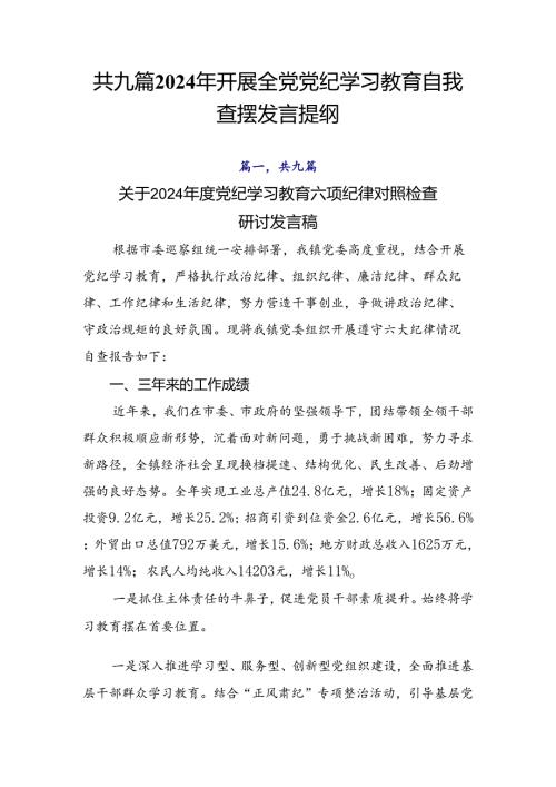 共九篇2024年开展全党党纪学习教育自我查摆发言提纲.docx