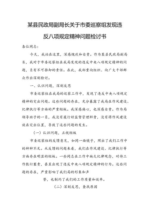 某县民政局副局长关于市委巡察组发现违反八项规定精神问题检讨书.docx