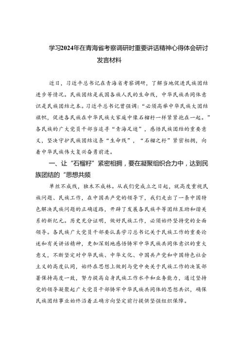 学习2024年在青海省考察调研时重要讲话精神心得体会研讨发言材料四篇（精选版）.docx
