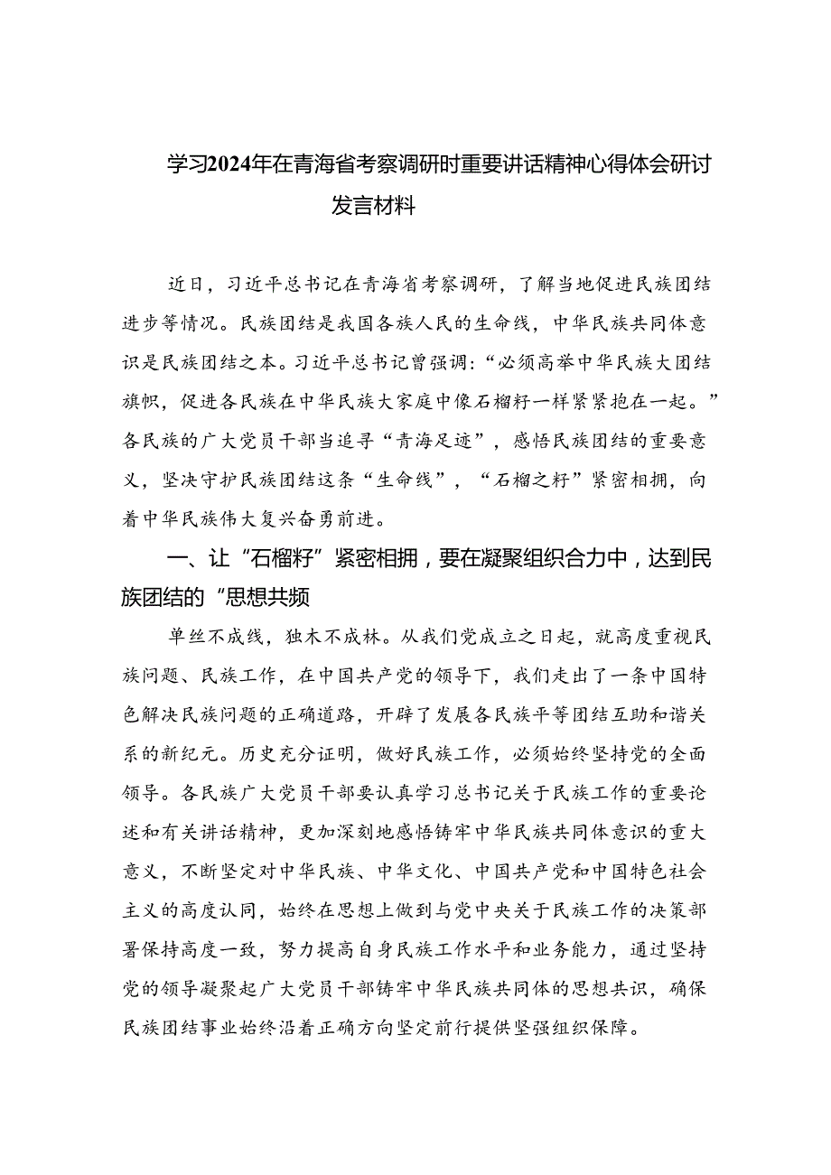 学习2024年在青海省考察调研时重要讲话精神心得体会研讨发言材料四篇（精选版）.docx_第1页