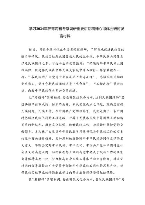 学习2024年在青海省考察调研重要讲话精神心得体会研讨发言材料(精选八篇).docx