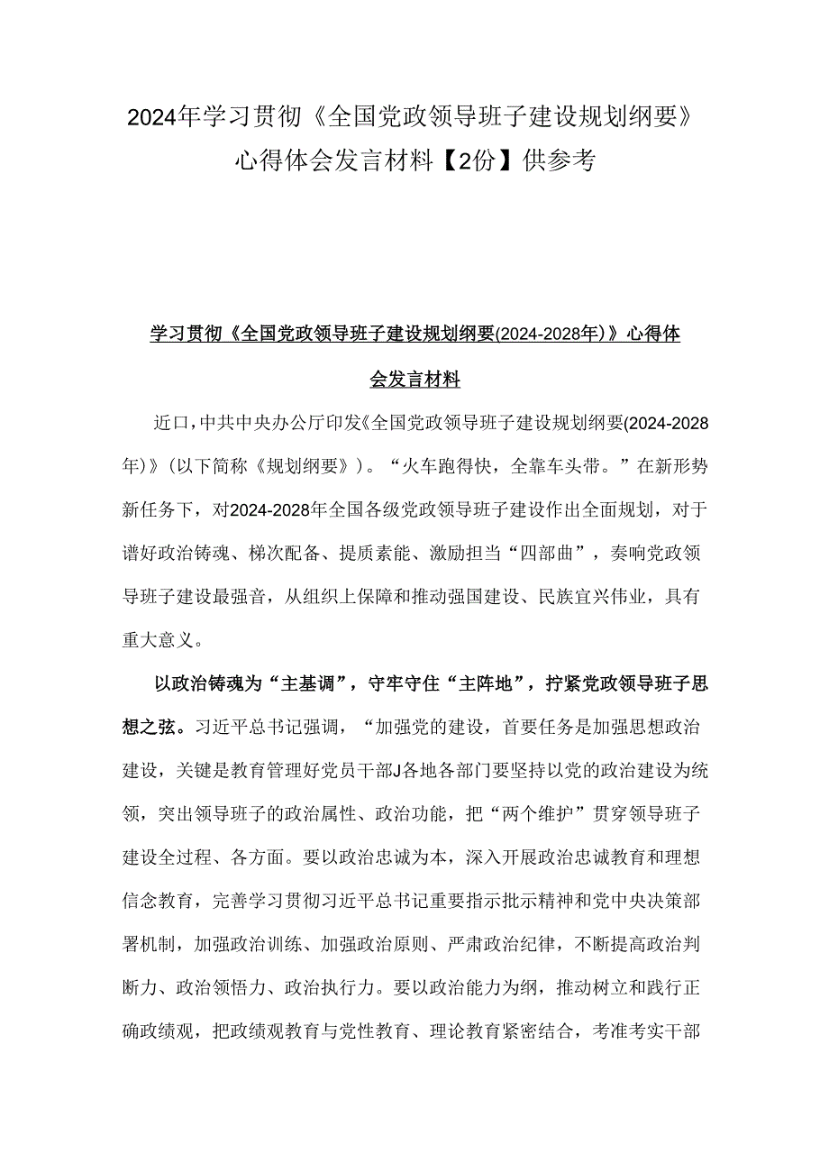 2024年学习贯彻《全国党政领导班子建设规划纲要》心得体会发言材料【2份】供参考.docx_第1页