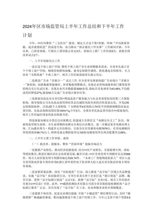 2024年区市场监管局上半年工作总结和下半年工作计划.docx
