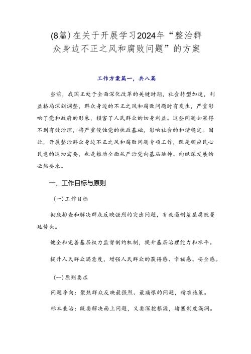（8篇）在关于开展学习2024年“整治群众身边不正之风和腐败问题”的方案.docx