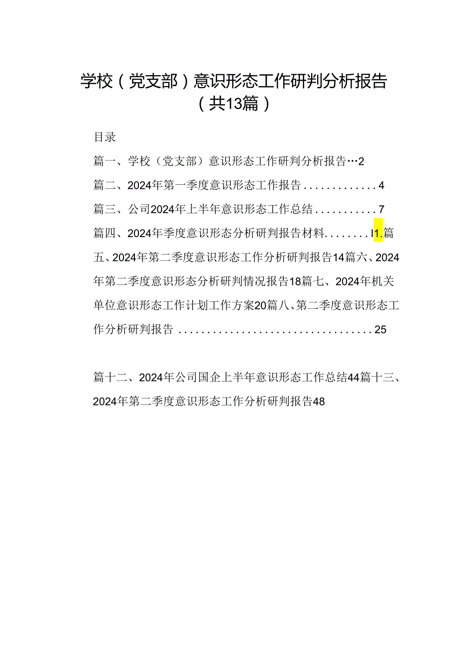 学校（党支部）意识形态工作研判分析报告13篇（精选）.docx_第1页