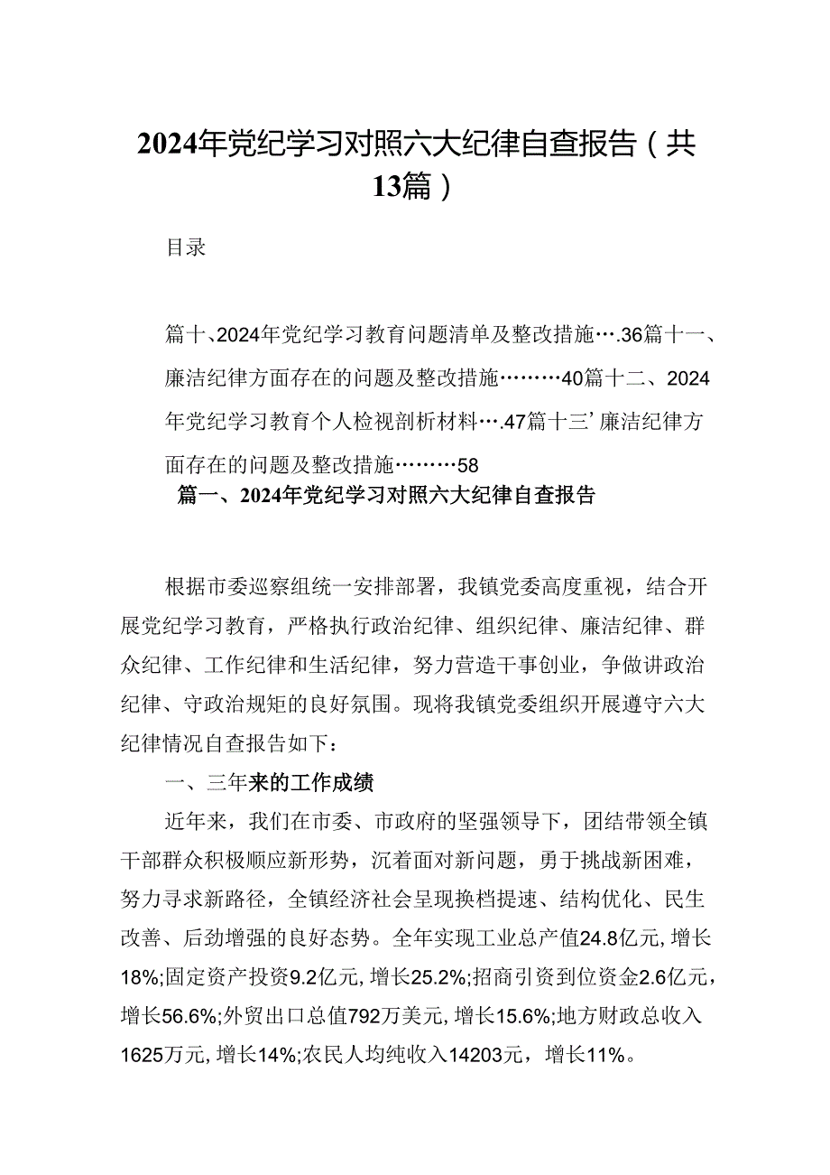 2024年党纪学习对照六大纪律自查报告优选13篇.docx_第1页