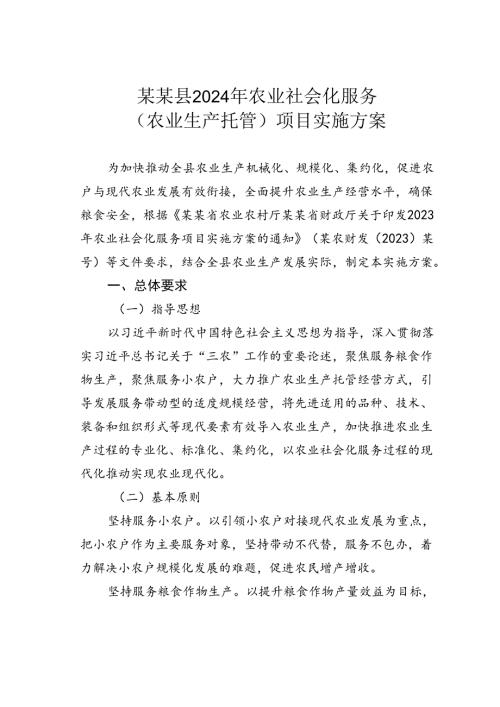 某某县2024年农业社会化服务（农业生产托管）项目实施方案.docx