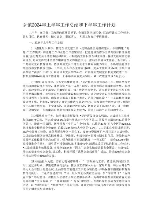 乡镇2024年上半年工作总结和下半年工作计划.docx