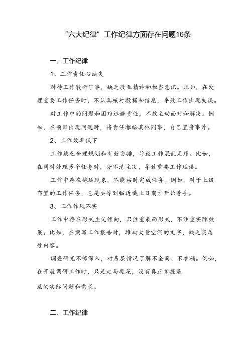 “六大纪律”工作纪律方面存在问题16条.docx