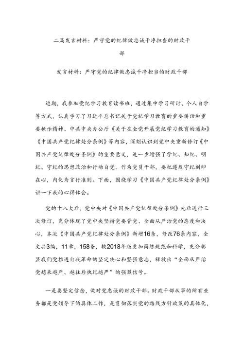 二篇发言材料：严守党的纪律 做忠诚干净担当的财政干部.docx