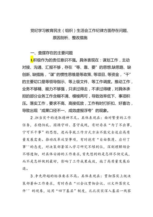 2024党纪学习教育民主（组织）生活会工作纪律方面存在问题、原因剖析、整改措施六篇（详细版）.docx