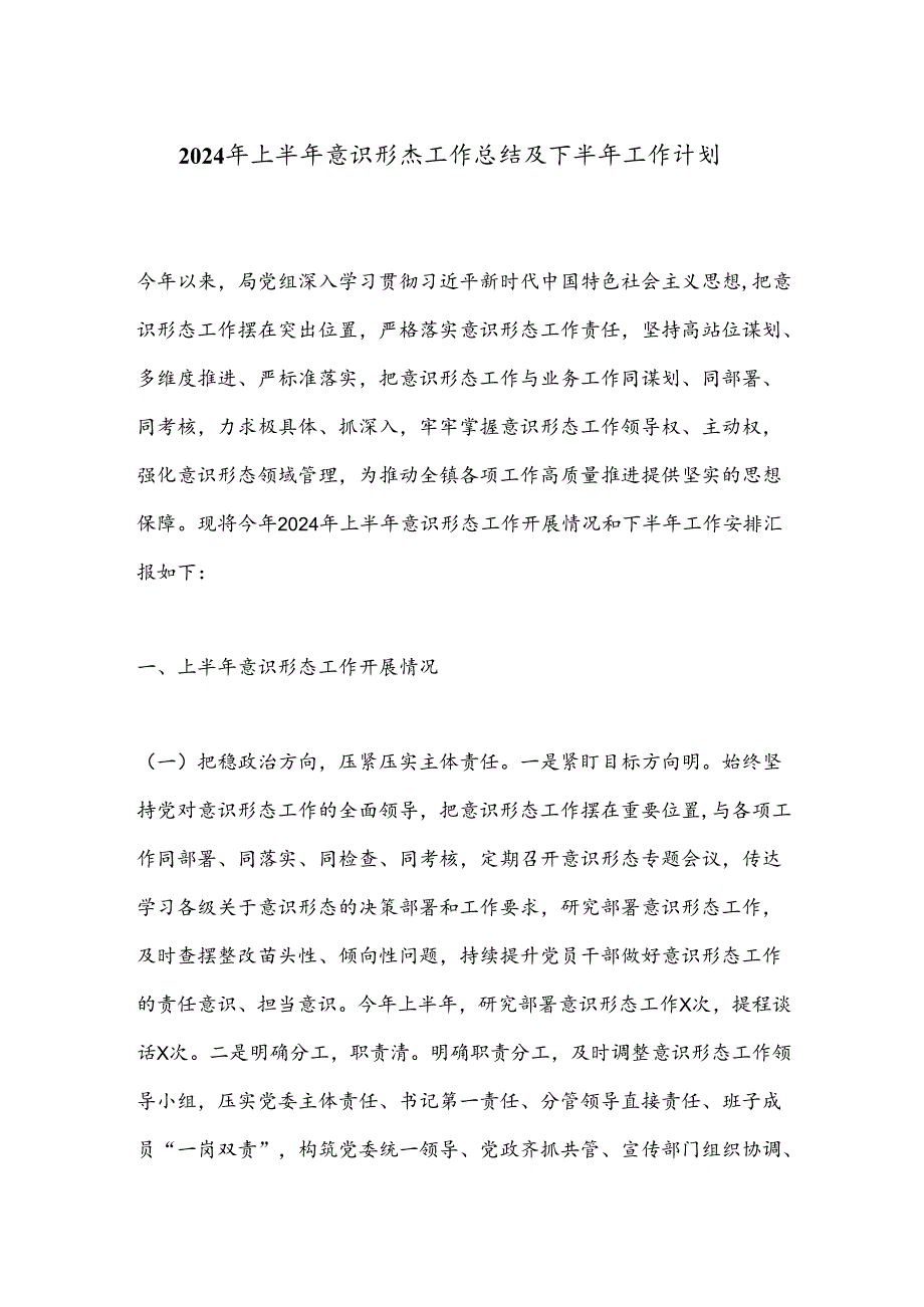 2024年上半年意识形态工作总结及下半年工作计划.docx_第1页