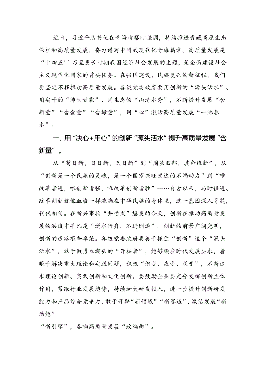 (六篇)学习2024年在青海省考察调研重要讲话精神心得体会研讨发言材料模板.docx_第3页