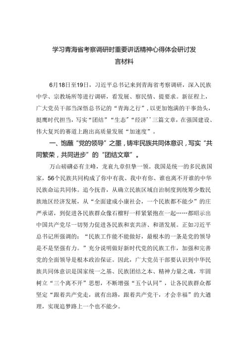 (六篇)学习青海省考察调研时重要讲话精神心得体会研讨发言材料（最新）.docx