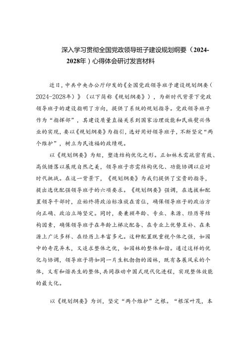 深入学习贯彻全国党政领导班子建设规划纲要（20242028年）心得体会研讨发言材料5篇专题资料.docx