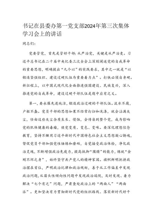 书记在县委办第一党支部2024年第三次集体学习会上的讲话(1).docx