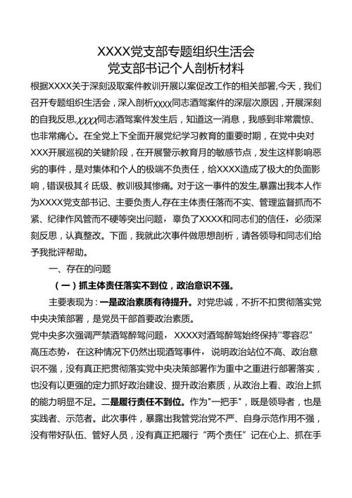 酒驾以案促改专题组织生活会支部书记剖析材料.docx