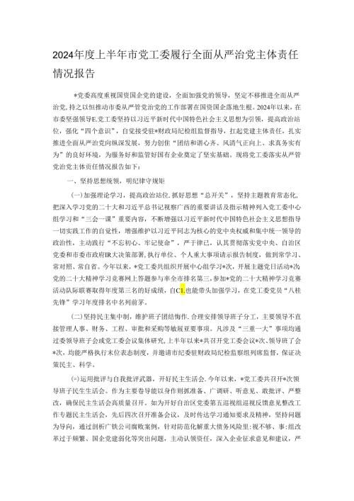 2024上半年市党工委履行全面从严治党主体责任情况报告.docx