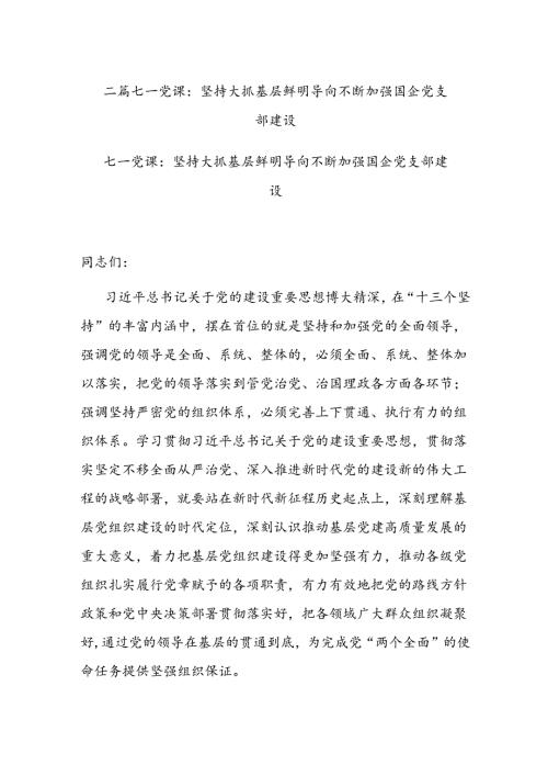 二篇七一党课：坚持大抓基层鲜明导向 不断加强国企党支部建设.docx
