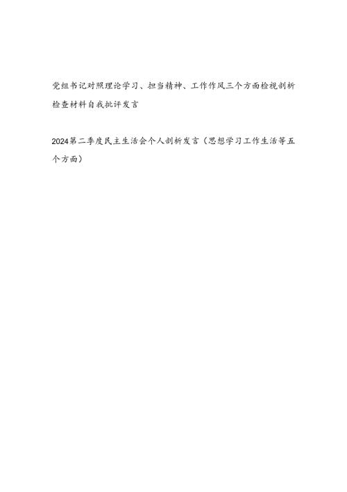 党组书记对照理论学习、担当精神、工作作风三个方面检视剖析检查材料自我批评发言（思想学习工作生活等方面）.docx