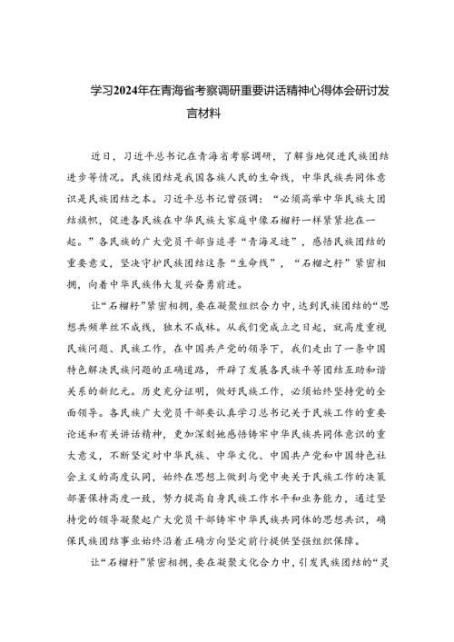 (六篇)学习2024年在青海省考察调研重要讲话精神心得体会研讨发言材料优选.docx