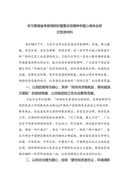 (六篇)学习青海省考察调研时重要讲话精神专题心得体会研讨发言材料集合.docx