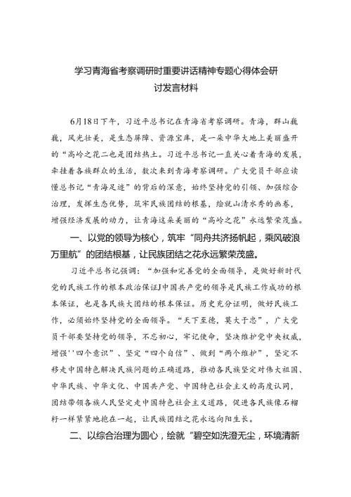 (六篇)学习青海省考察调研时重要讲话精神专题心得体会研讨发言材料（最新）.docx