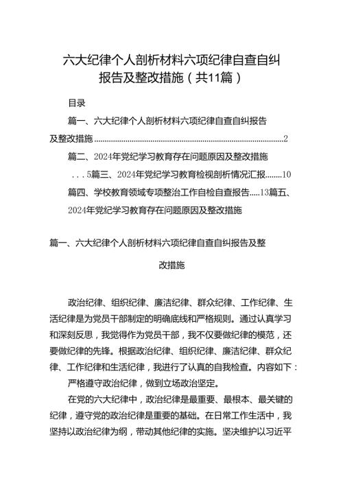 （11篇）六大纪律个人剖析材料六项纪律自查自纠报告及整改措施优选.docx