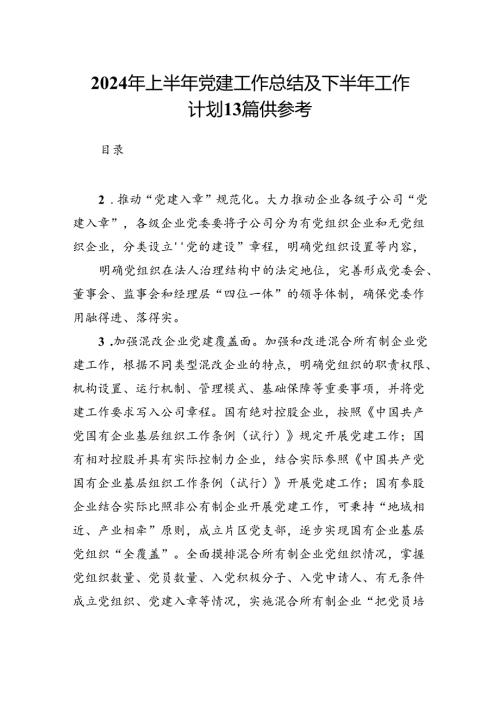 2024年上半年党建工作总结及下半年工作计划13篇供参考.docx