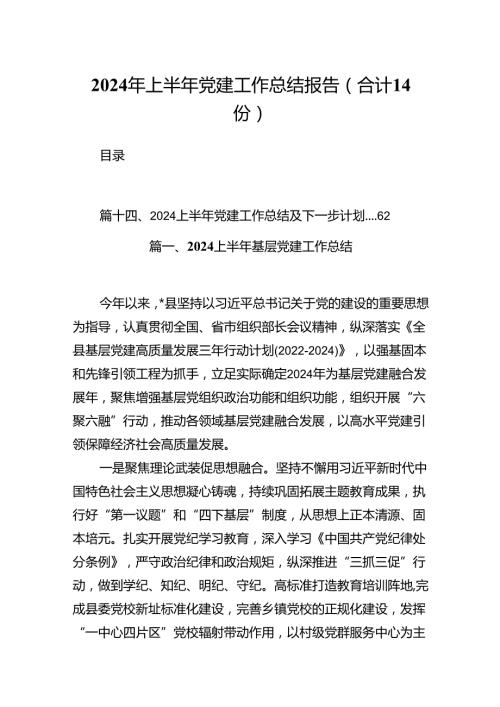 2024年上半年党建工作总结报告（合计14份）.docx
