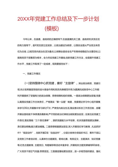 20XX年党建工作总结及下一步计划（模板）.docx