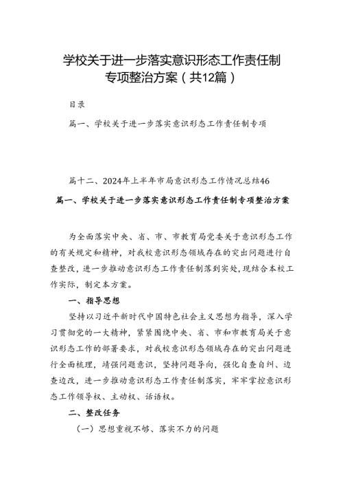 学校关于进一步落实意识形态工作责任制专项整治方案12篇（精选）.docx