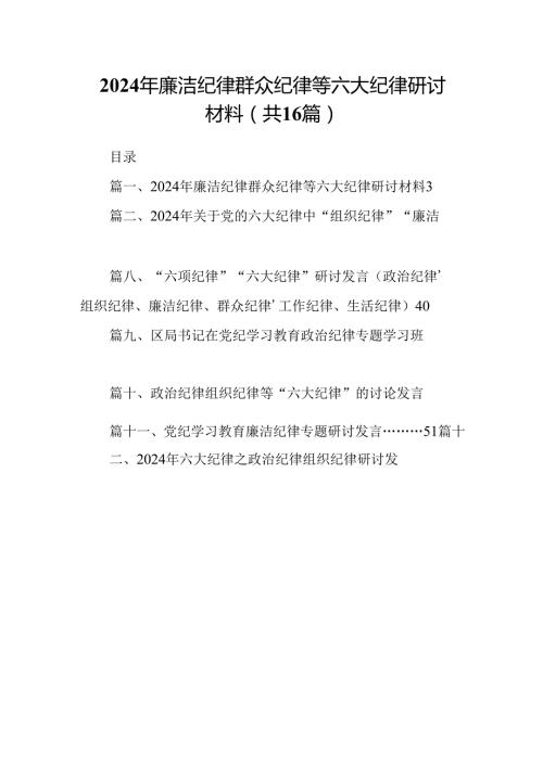 2024年廉洁纪律群众纪律等六大纪律研讨材料16篇（精选）.docx
