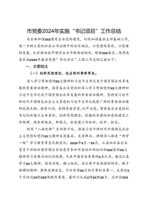 市党委2024年实施“书记项目”工作总结.docx