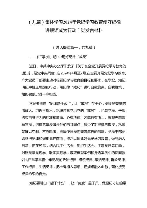 （九篇）集体学习2024年党纪学习教育使守纪律讲规矩成为行动自觉发言材料.docx