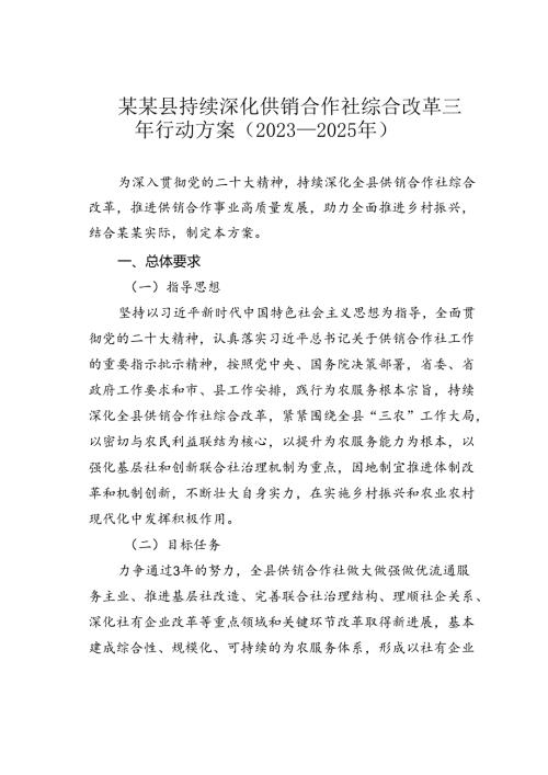 某某县持续深化供销合作社综合改革三年行动方案（2023—2025年）.docx