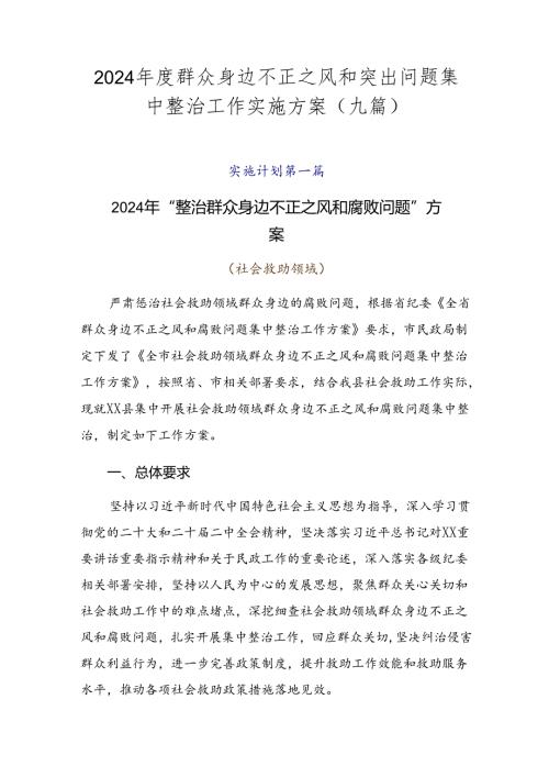 2024群众身边不正之风和突出问题集中整治工作实施方案（九篇）.docx
