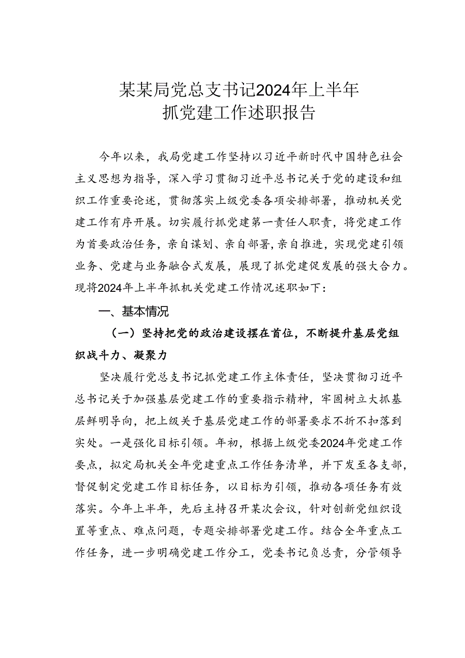某某局党总支书记2024年上半年抓党建工作述职报告.docx_第1页