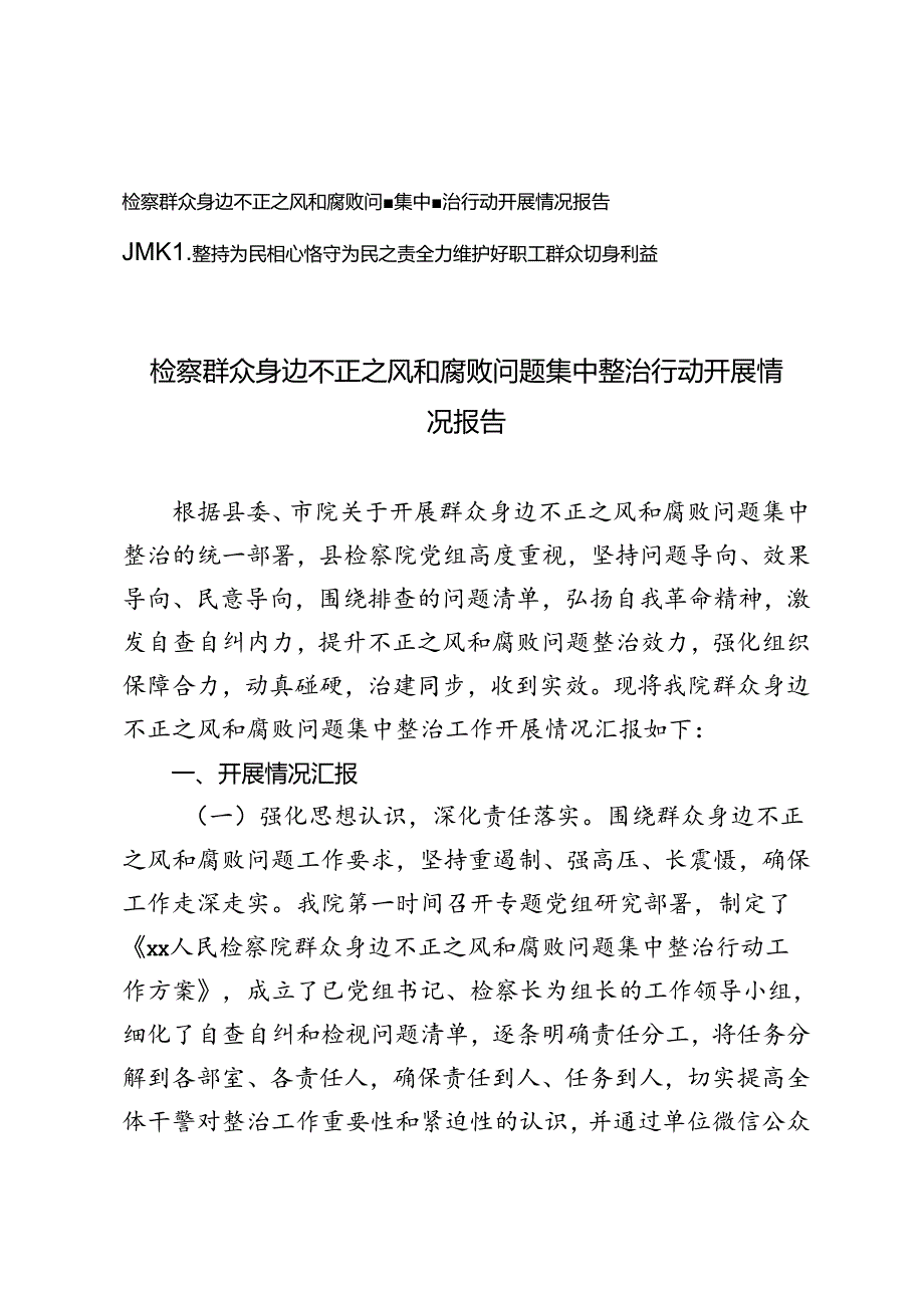 检察群众身边不正之风和腐败问题集中整治行动开展情况报告+坚持为民初心恪守为民之责党课讲稿.docx_第1页