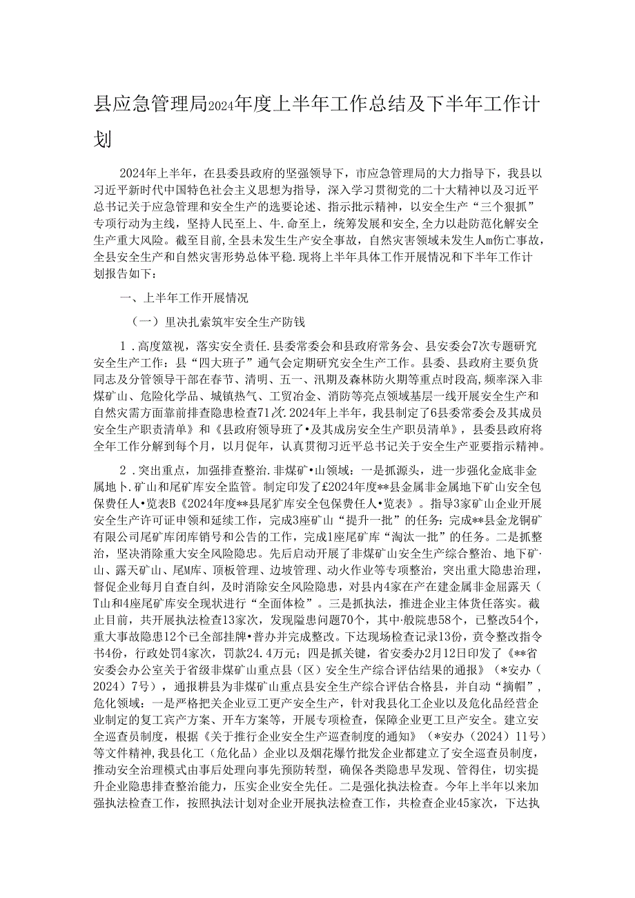 县应急管理局2024上半年工作总结及下半年工作计划.docx_第1页