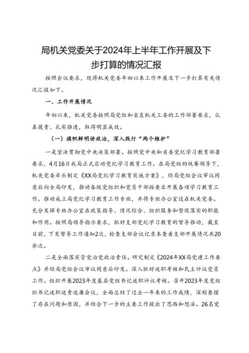 局机关党委关于2024年上半年工作开展及下步打算的情况汇报.docx
