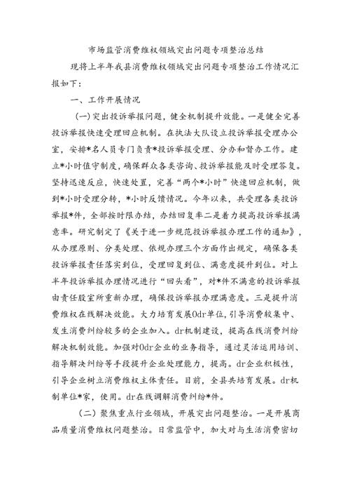 市场监管消费维权领域突出问题专项整治总结.docx