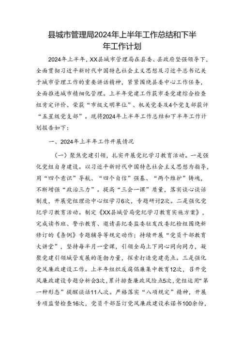 县城管执法系统2024年上半年工作总结和下半年工作计划.docx