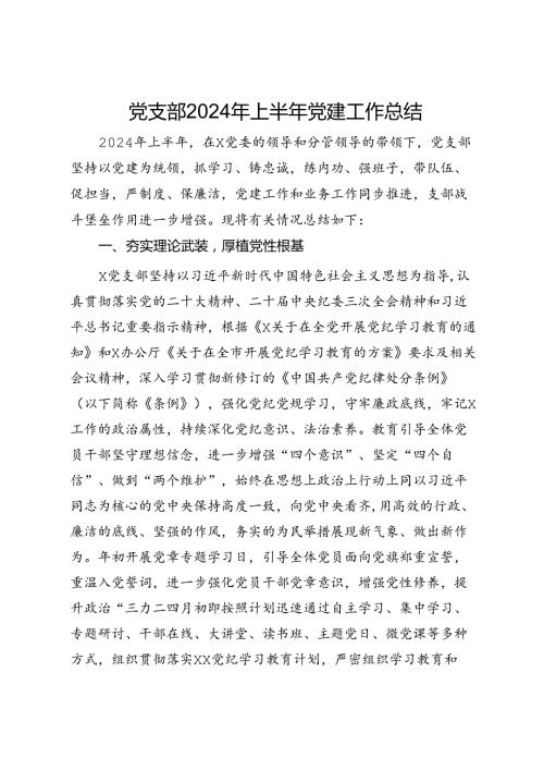 党支部2024年上半年党建工作总结.docx