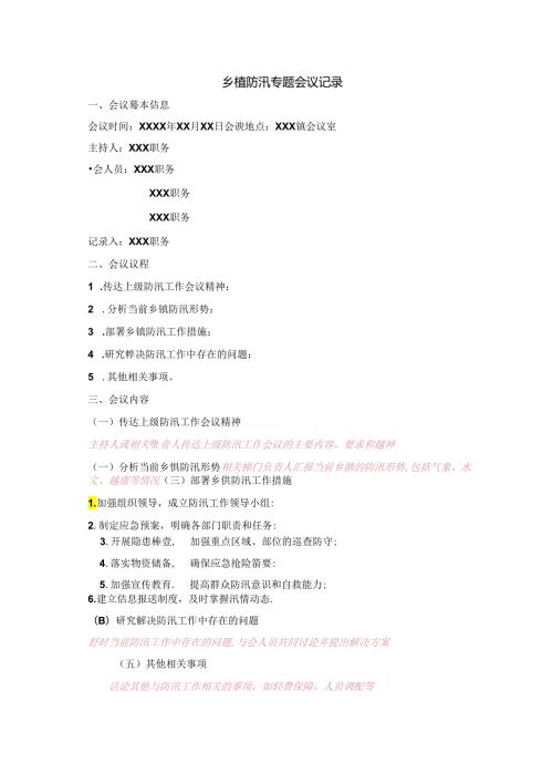 防汛专题会议记录；防汛专题会议纪要.docx