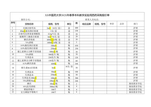 XX中医药大学202X年季本科教学实验用西药采购报价单（2024年）.docx