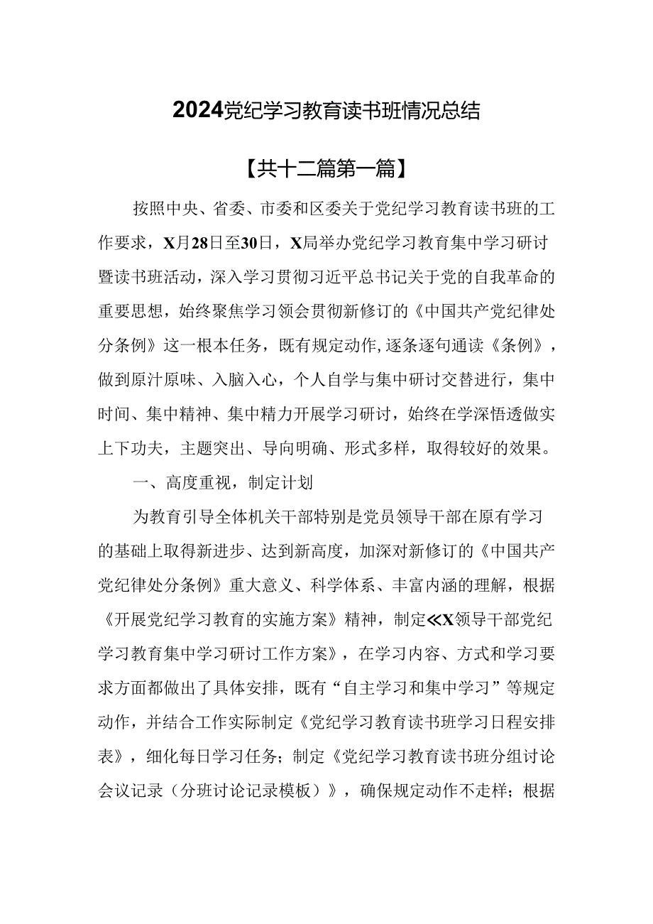 （12篇）2024党纪学习教育读书班情况总结.docx_第1页