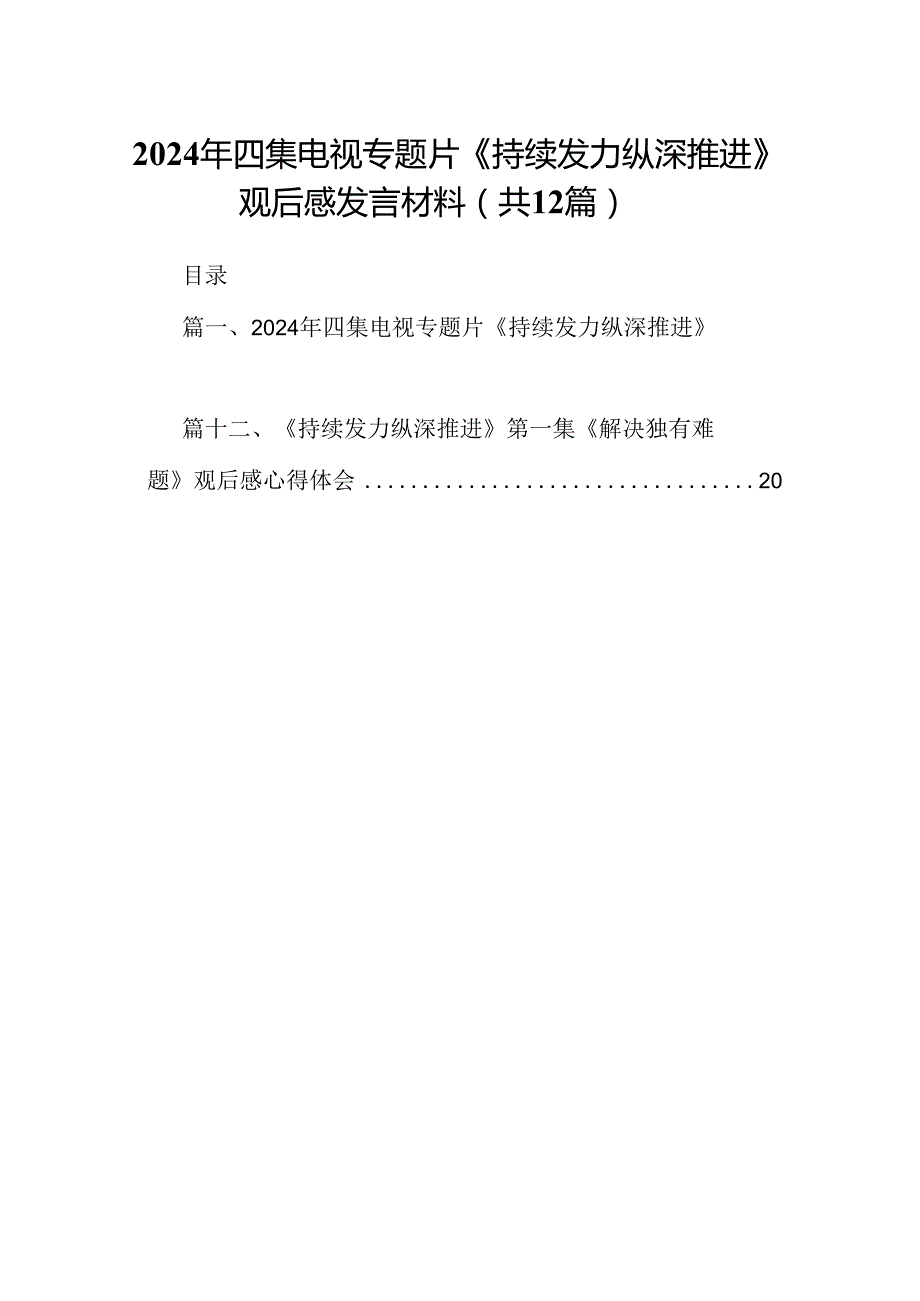 2024年四集电视专题片《持续发力纵深推进》观后感发言材料（共12篇）.docx_第1页