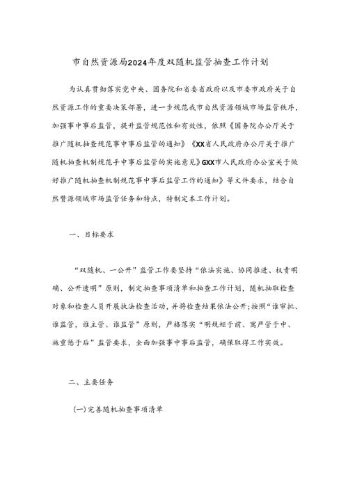 市自然资源局2024双随机监管抽查工作计划.docx